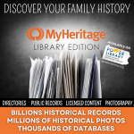 Graphic showing file folders with papers inside with headline saying Discover Your Family History and then the MyHeritage logo which is the genealogy search tool offer to patrons for free using your library card