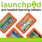 graphic indicating the library has pre-loaded learning tablets called launchpad available in the children's library to borrow