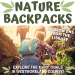 graphic showing that the library has nature backpacks available to borrow for hikes