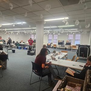 The community room at the library is filled with Red Cross volunteers and blood donors