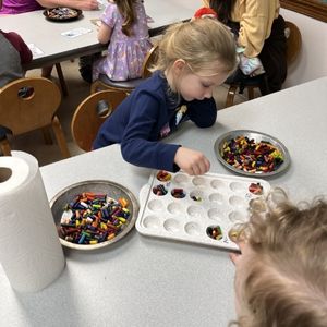 little girl puts broken pieces of crayon in silicon mini muffin baking sheet to melt into new multi colored crayons