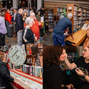 Collage showing guests of the Library Libations fundraising gala enjoying the circus themed decor, games and entertainment: dancing, skee ball, chuck a luck, and facepainting.