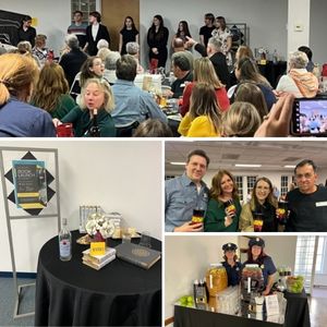 Collage of murder mystery fundraiser props, bartenders dressed as police, winners with their tumbler cups, and the cast of the show