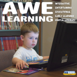 graphic showing little boy at a computer to portray that the children's library has AWE Learning computers to use
