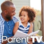 graphic showing a dad and child reading together and the parent TV logo