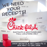 graphic indicating the library collects chick-fil-a receipts as a fundraiser