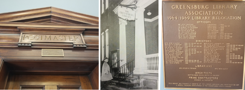 3 photos showing historic features, plagues inside the library showing respect for the history of the building