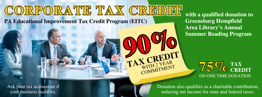 Photo of business professionals talking in a boardroom around a table with text indicating this page contain info about corporate tax credits for donations to the library