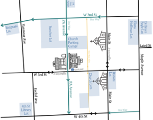 Map showing public parking spaces and lots in a 3 block radius of the library