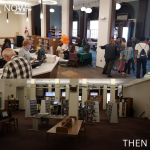 The top photo show how the front of the main floor library looks now with the windows restored letting light pour in, rather than how dark it was in the bottom photo before renovations were made in 2021