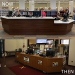 Top photo shows the library's circulation desk as it appears after the 2021 renovation. The bottom photo show it before then.