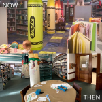 The top photos shows the crayon pillars in the children's library as they are now, and the bottom photo shows how washed out the old ones were.