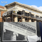 Then and Now photos of the capitals and lettering on the front outside of the library building