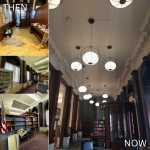 Then and Now photos of the front section of the main floor of the library