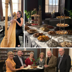 Collage of photos showing guests and decor at the first Library Libations to be held at the Library after the Covid 19 pandemic shutdown