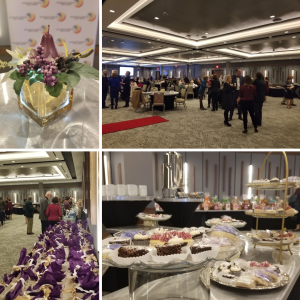 Collage of photos showing guests, games, decor and cookies at the Library Libations 2022 Thanks"giving" Gala held at Live! Casino