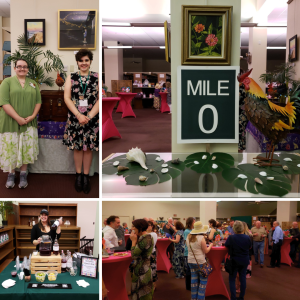 Collage of photos showing guest, decor of the Ernest Hemingway themed Library Libations